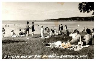 Wisconsin Real Photo Warm Day At The Beach Ephraim Sunbathers Posted 1955 Rppc