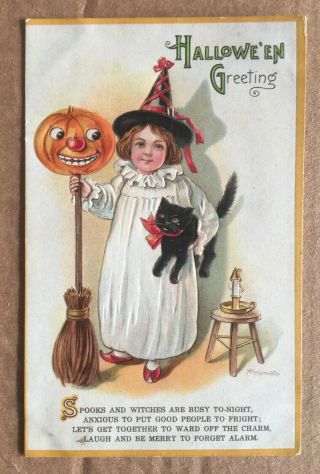 Vintage Halloween Postcard Signed A Muller - Girl W/witches Hat,  Black Cat & Jol