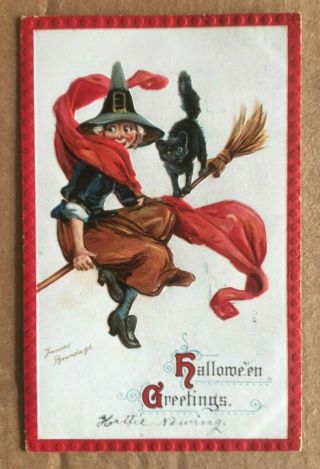Vintage Halloween Postcard Signed Frances Brundage - Witch & Cat On Broom 1911