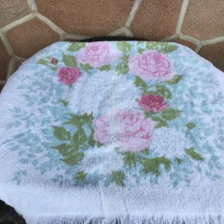 Vintage Fieldcrest Bath Towel White With Pink Florals Cotton Fringes Made In Usa