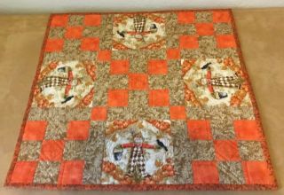 Patchwork Country Quilt Table Topper,  Nine Patch,  Scarecrow,  Fall Design,  Orange