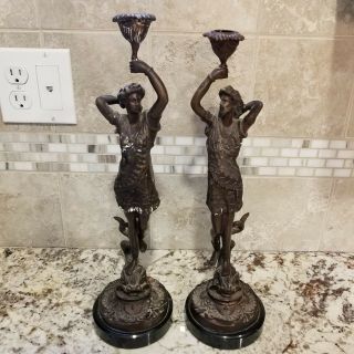 2 Antique L.  Steiner Signed Brass Venetian Man And Woman Candlestick Candle.