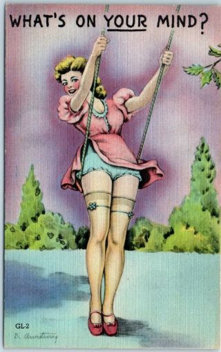 1940s Pin - Up Girl Linen Postcard Artist - Signed B.  Armstrong Girl On Swing Gl - 2