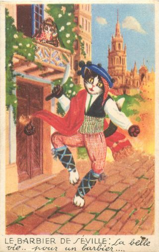Comic Humanized Cats The Barber Of Seville Fantasy Humour Postcard