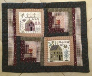 Patchwork Country Quilt Wall Hanging,  Log Cabin,  Printed Cross Stitch House Tree