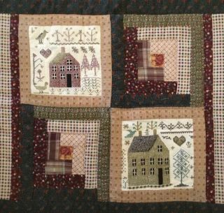 Patchwork Country Quilt Wall Hanging,  Log Cabin,  Printed Cross Stitch House Tree 2