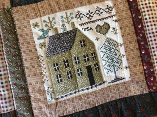 Patchwork Country Quilt Wall Hanging,  Log Cabin,  Printed Cross Stitch House Tree 3