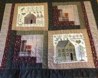 Patchwork Country Quilt Wall Hanging,  Log Cabin,  Printed Cross Stitch House Tree 4