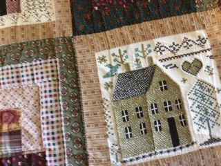 Patchwork Country Quilt Wall Hanging,  Log Cabin,  Printed Cross Stitch House Tree 5