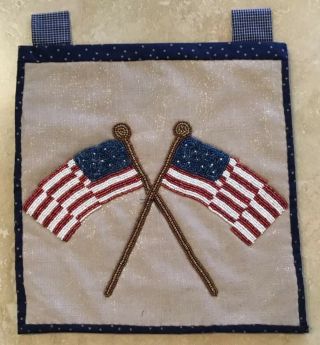 Patriotic Quilt Wall Hanging,  Beaded Us Flags,  Beige,  Gold,  Ivory,  Red,  Navy