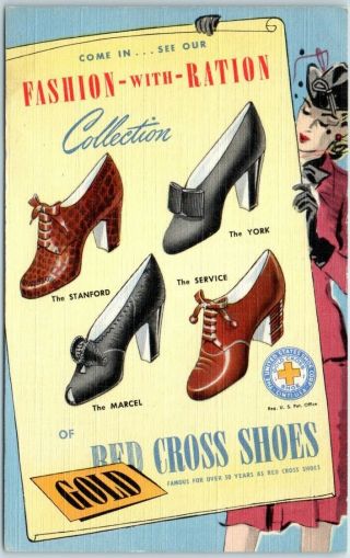 Red Cross Shoes Advertising Postcard " Fashion With Ration " Wwii Linen 1943