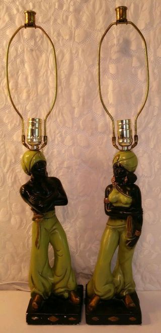 Vintage Chalkware Blackamoor Style Nubian Genie Man Woman Lamp Pair Set Green 2