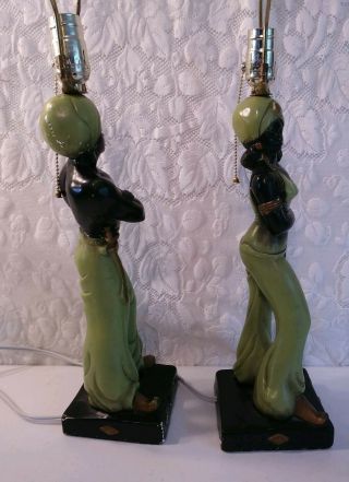 Vintage Chalkware Blackamoor Style Nubian Genie Man Woman Lamp Pair Set Green 3