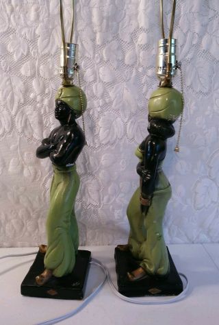 Vintage Chalkware Blackamoor Style Nubian Genie Man Woman Lamp Pair Set Green 5