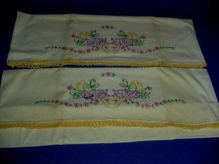 Vintage Embroidered Flowers Crochet Edging Pillow Cases Pair