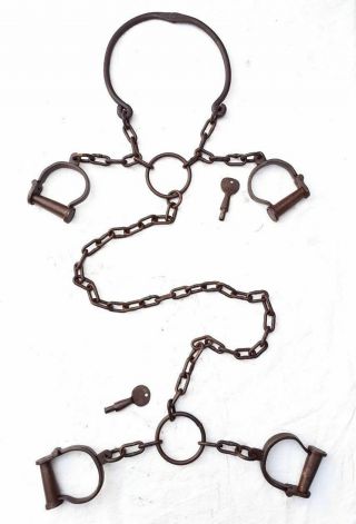 Vintage Old Antique Iron Handcrafted Neck,  Leg & Hand Rare Handcuffs Lock & Key