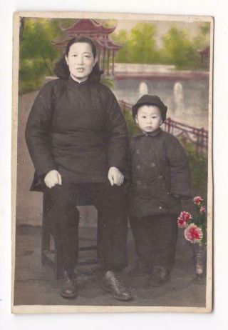 Chinese Mother & Son Hand Colored Studio Photo Painted Backdrop 1950s China