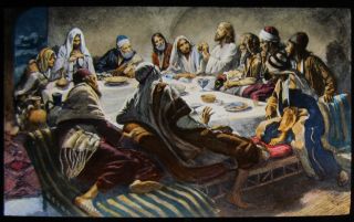 Glass Magic Lantern Slide The Last Supper C1890 Old Colour Religious Drawing