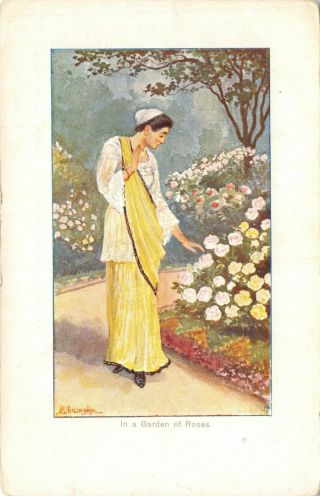 India Ethnic Glamour In A Garden Of Roses Lady Flowers Artist Drawn Printed Card