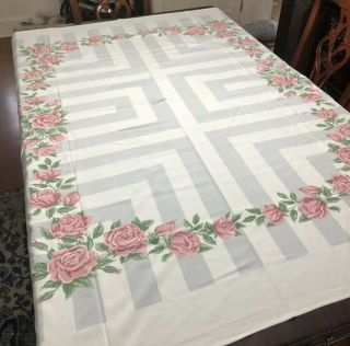 Vintage Mid - Century Print Tablecloth Pink Roses Gray Geometric Euc