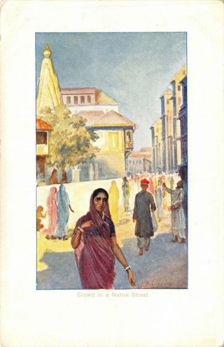 India Ethnic Crowd In A Native Street Lady In Sari Artist Drawn Printed Card
