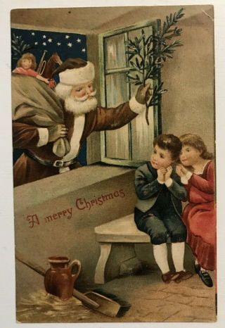 Brown Robe Santa Claus At Window With Children Antique Christmas Postcard - C248