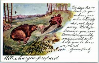 Vintage Artist - Signed H.  H.  Tammen Postcard Bear Chasing Man C1910s