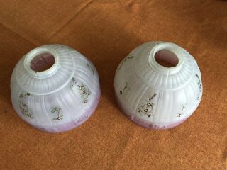 Pair Antique Glass Lamp Shades - Embossed And Hand Painted.  7.  5”x5”