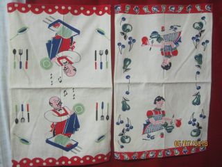 Vintage Cotton 2 Kitchen Towels Singing Chef & Housewife Baking Red & White