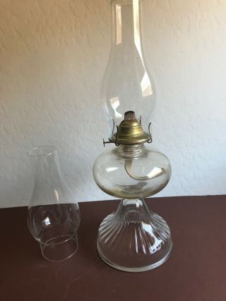 Large Vintage Oil/kerosene Lamp W/ Clear Chimney Glass Top / Pedestal Base 18 "