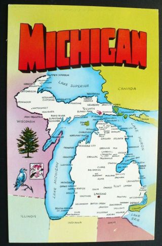 1950s Pictorial Map Postcard Of Michigan,  State Symbols