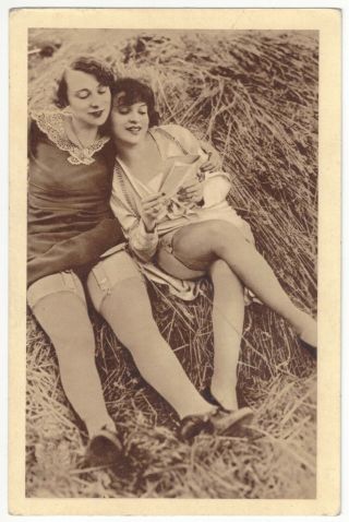 1920 French Photograph - Two Youthful Beauties In Hay Stack - Lesbian Theme,  Gay