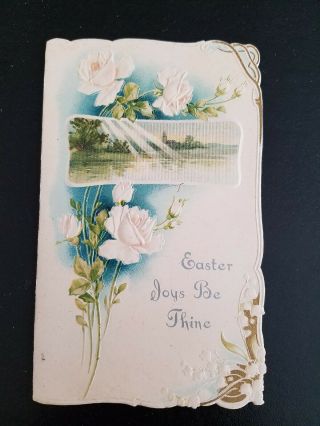 White Roses By River Scene On Cover Of Old Easter Card Or Booklet - Lily Of Valley