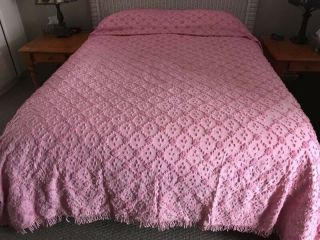 Vintage Bright Pink Chenille Bedspread Cutter 112”x112” Great For Crafts