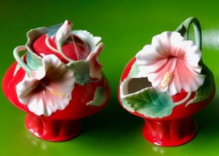 Bright Red Franz Porcelain Hibiscus Creamer Sugar Fz00979