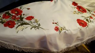 Vintage Tablecloth,  Cotton,  Round,  Red Poppies