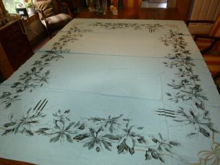 Vintage Teal Blue Christmas Cotton Tablecloth Candle Poinsettia 60 X 81 "