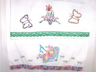 Set Of 2 Different Vintage Hand - Embroidered Pillowcases
