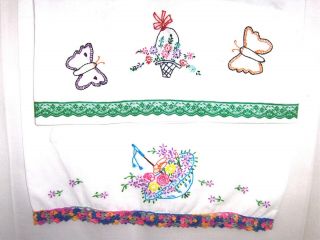 Set of 2 different vintage hand - embroidered pillowcases 2