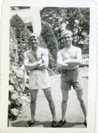 Vintage B/w Photo Two Men In Shorts And No Shirts.  The Buff Boys