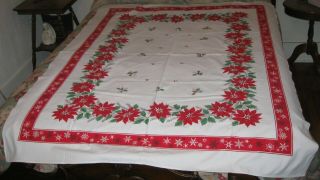 Vintage Christmas Tablecloth Mid Century Cotton Print Red Poinsettias 52 " X 62 "