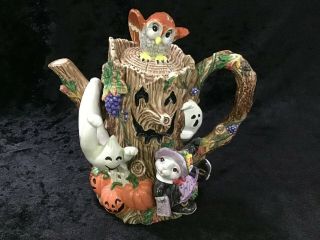 Fitz & Floyd Teapot Halloween Harvest Ghosts Pumpkins Cat Owl 1995 40 Oz