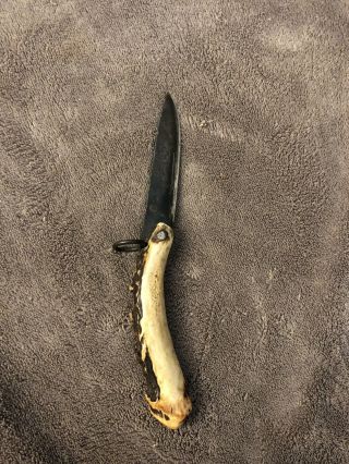 Vintage Custom Hand Made Stag Handle Folding Knife J H Initials On Blade