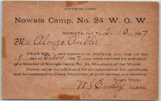1897 Nowata,  Indian Territory Oklahoma Postcard " Nowata Camp No.  24 W.  O.  W.  "