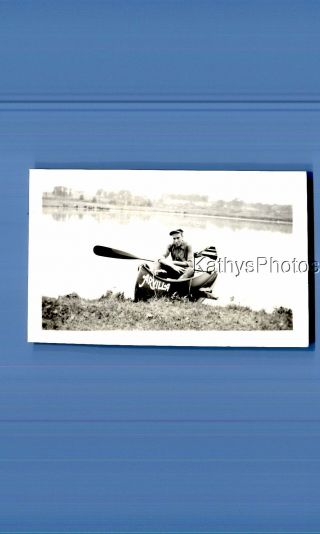 Found B&w Photo N_3693 Man Sitting In Canoe With Oar