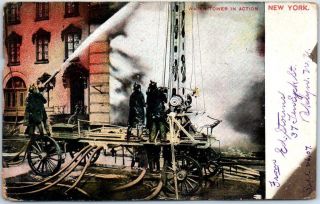 York City Postcard " Water Tower In Action " Fire Department Wagon 1907 Cancel