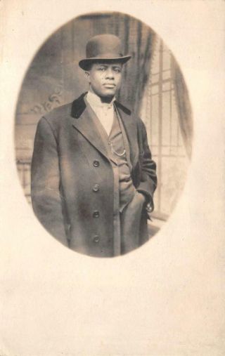 Rppc Well Dressed Man Black Americana Cameo Studio Real Photo Postcard (1920s)