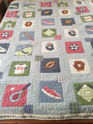 Vintage Hand Crafted & Quilted Spots Quilt Soccer Baseball Golf Pottery Barn Kid