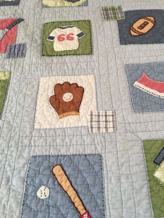 VINTAGE HAND CRAFTED & QUILTED SPOTS QUILT SOCCER BASEBALL GOLF POTTERY BARN KID 2