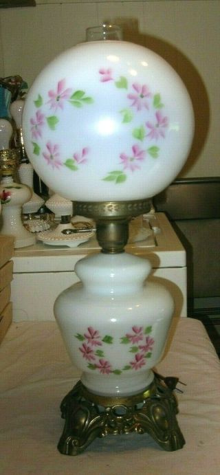 Vintage Gwtw Hurricane Table Lamp Painted Floral 3 Way Light Top Bottom Both